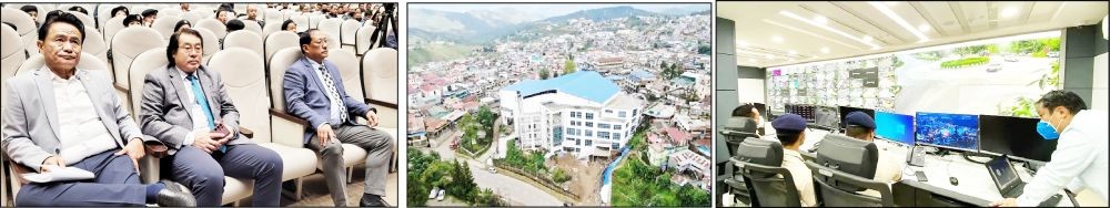 (Left) Zhaleo Rio (extreme right) with Er K Theunuo and others during the 7th foundation day of KSCDL in Kohima on March 24. (Center) Capital Cultural Hall and (right) Integrated Command & Control Centre are among the projects completed under Kohima Smart City.